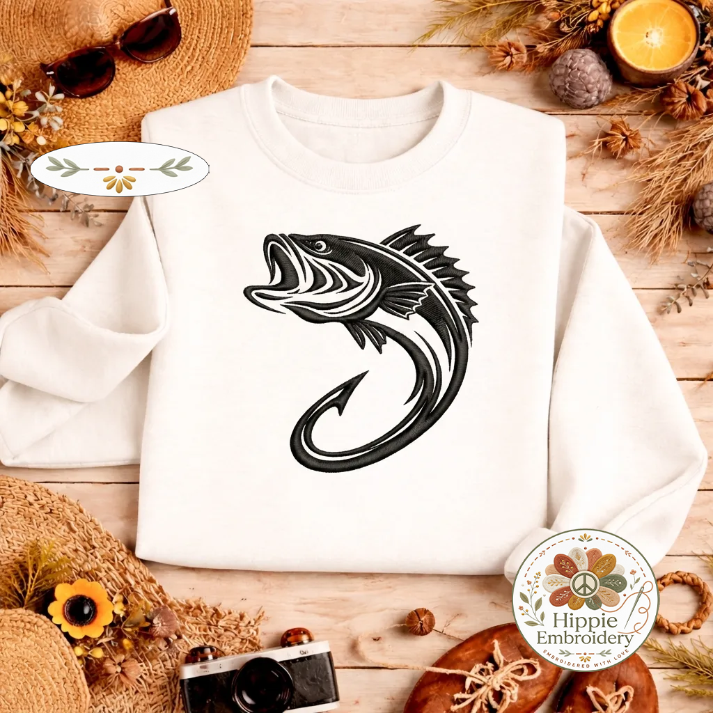 Embroidered Bass Fishing Hook Sweatshirt, Minimalist Crewneck