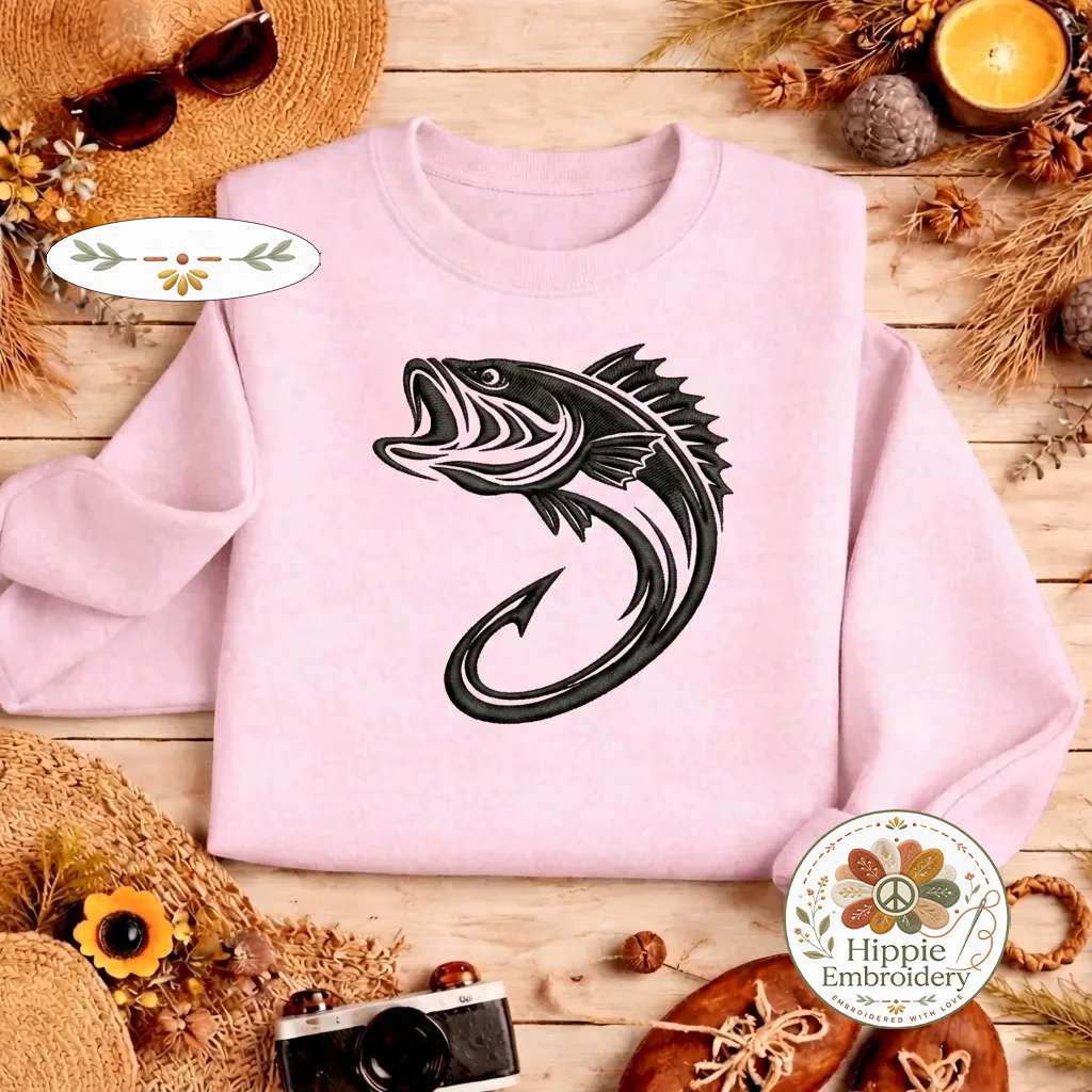 Embroidered Bass Fishing Hook Sweatshirt, Minimalist Crewneck
