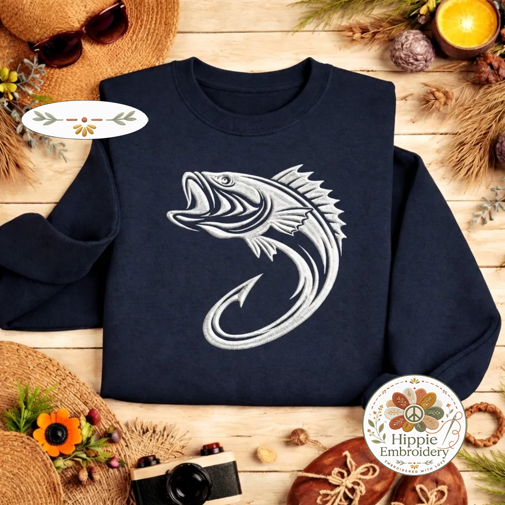 Embroidered Bass Fishing Hook Sweatshirt, Minimalist Crewneck