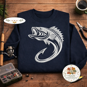 Embroidered Bass Fishing Hook Sweatshirt, Minimalist Crewneck