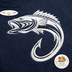 Embroidered Bass Fishing Hook Sweatshirt, Minimalist Crewneck