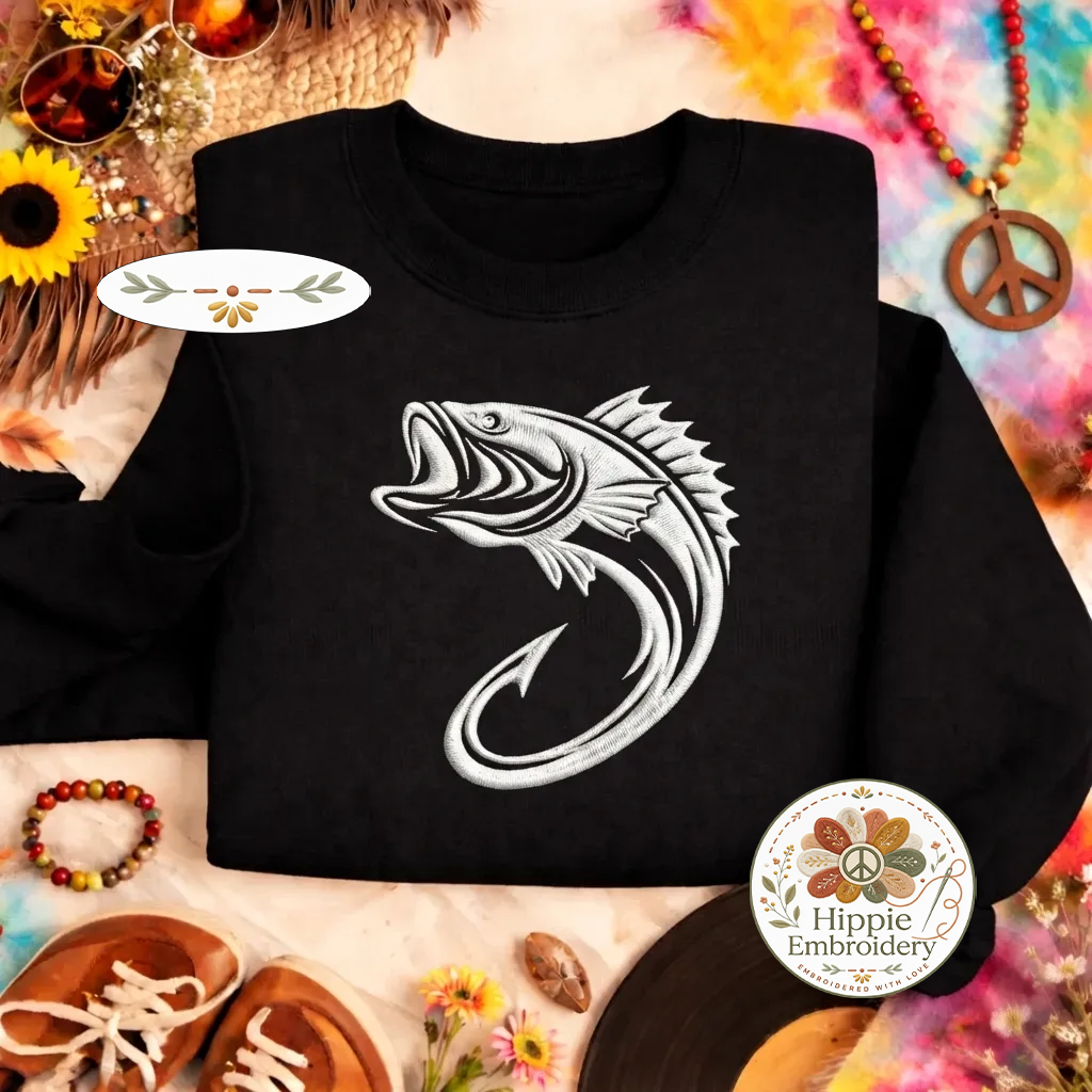 Embroidered Bass Fishing Hook Sweatshirt, Minimalist Crewneck