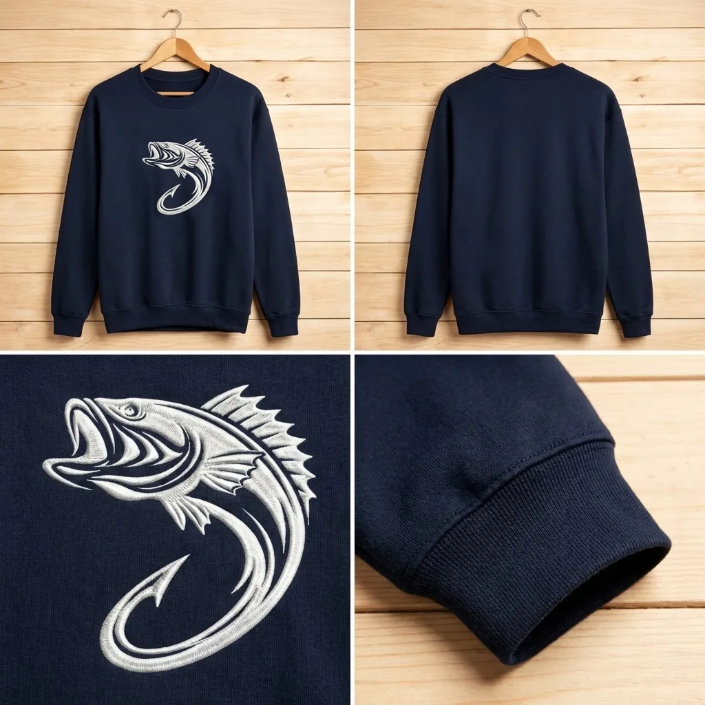 Embroidered Bass Fishing Hook Sweatshirt, Minimalist Crewneck
