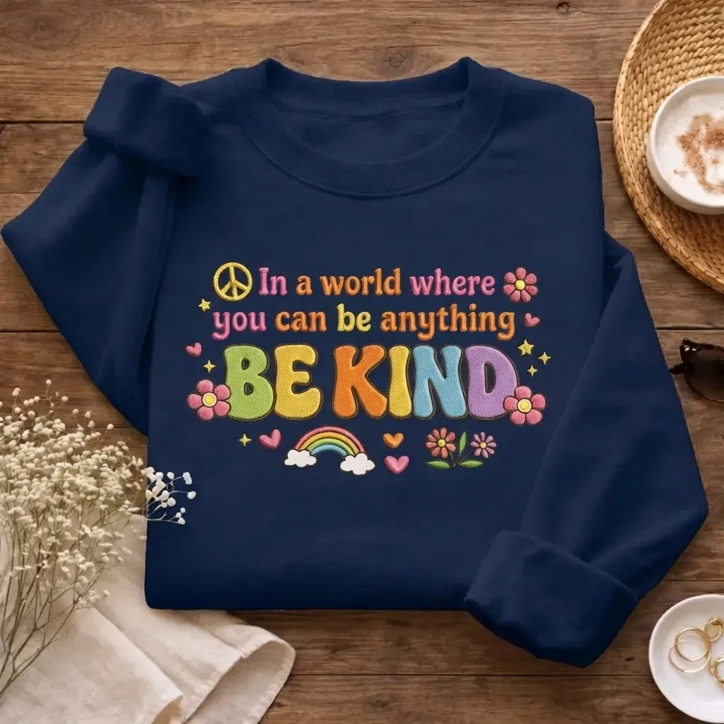 Embroidered Be Kind Sweatshirt, Inspirational Kindness Crewneck