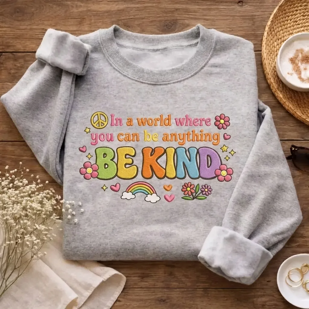 Embroidered Be Kind Sweatshirt, Inspirational Kindness Crewneck