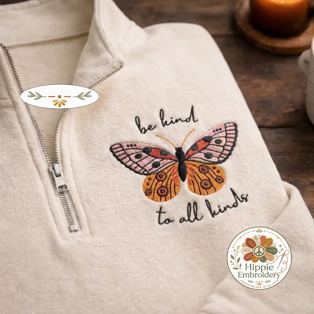 Embroidered Be Kind To All Kinds Quarter Zip, Butterfly Shirt