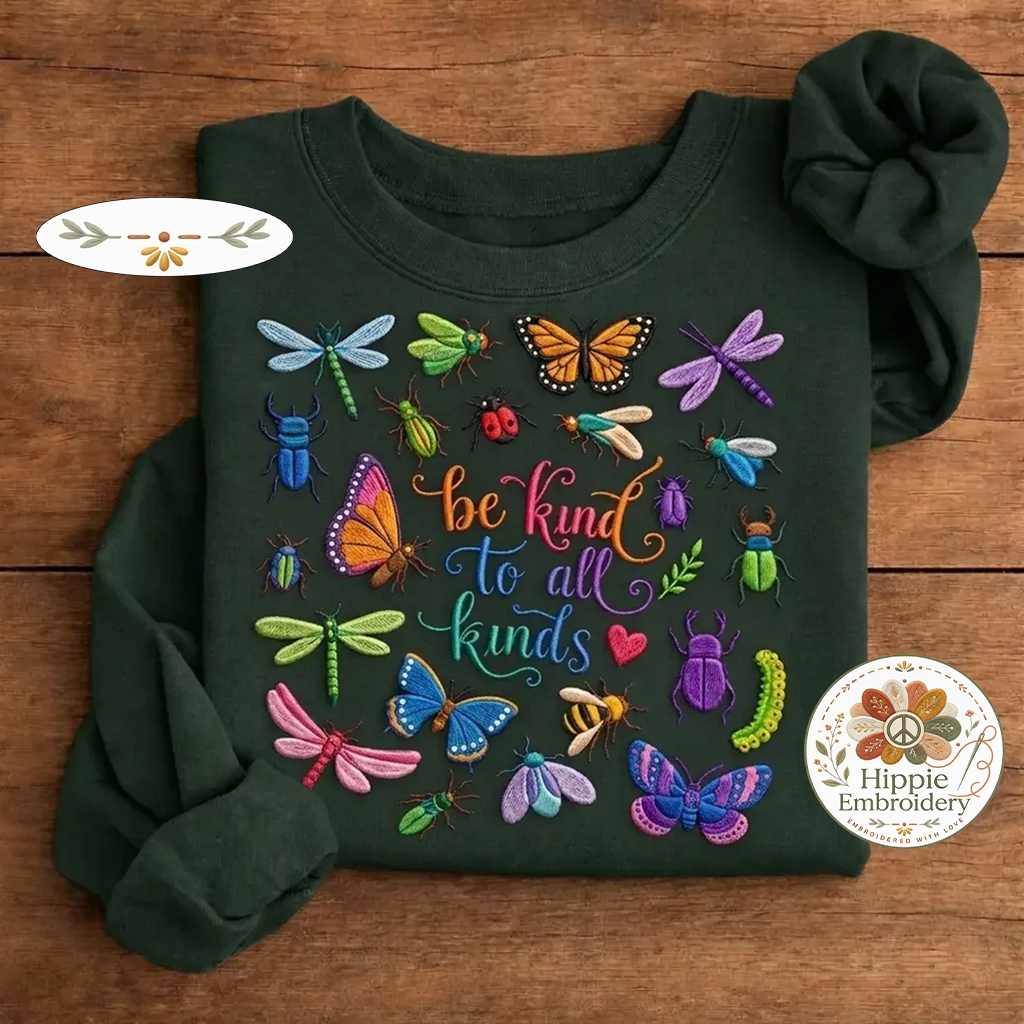 Embroidered Be Kind To All Kinds Sweatshirt, Vintage Bugs Crew