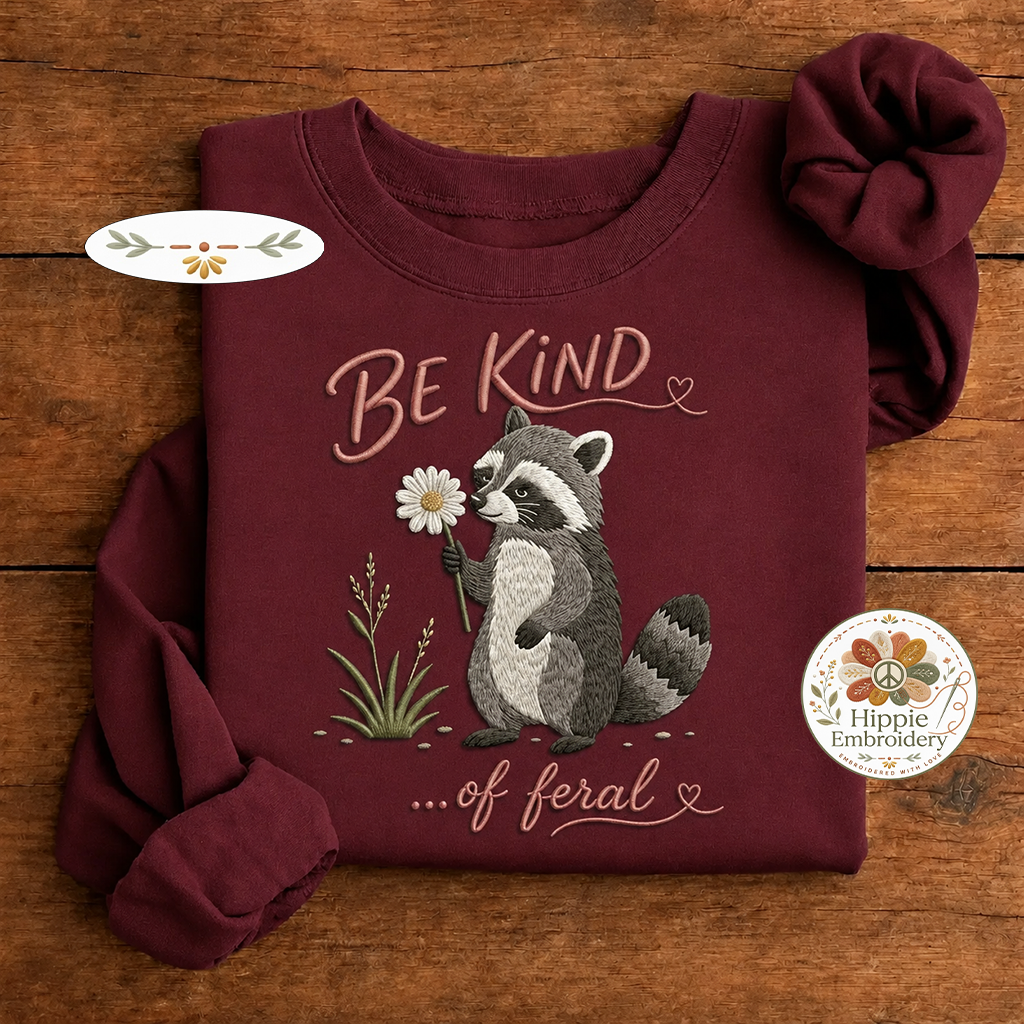 Embroidered Be Kind of Feral Raccoon Sweatshirt, Sarcastic Crew