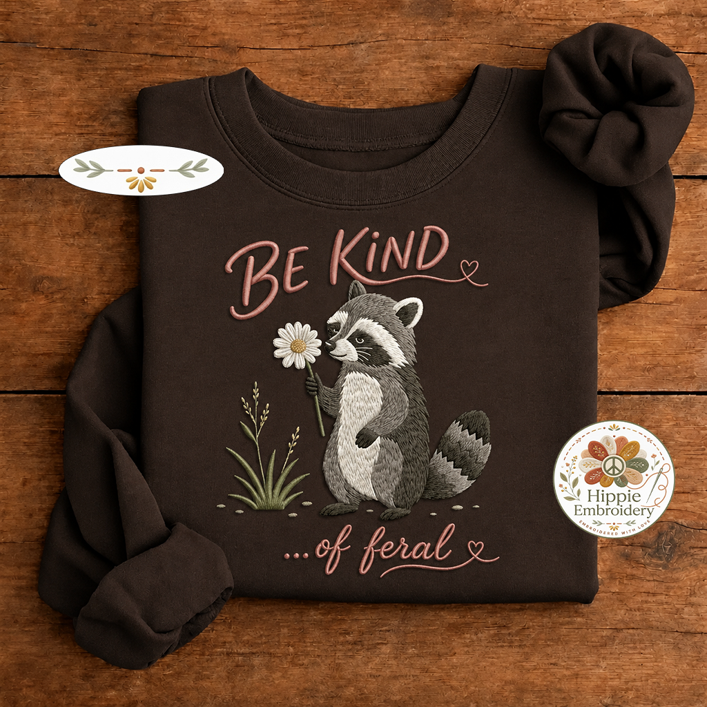 Embroidered Be Kind of Feral Raccoon Sweatshirt, Sarcastic Crew
