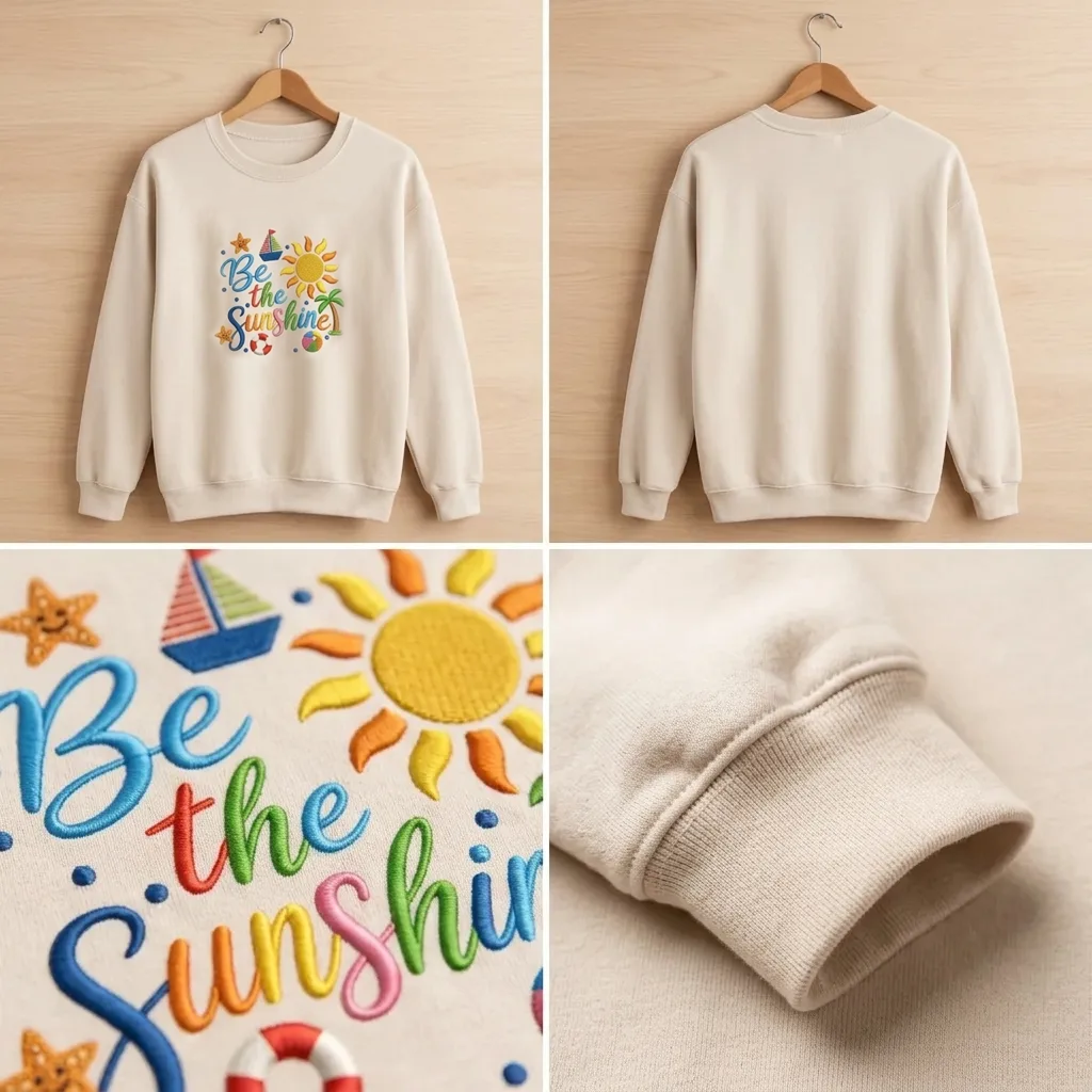 Embroidered Be The Sunshine Sweatshirt, Summer Beach Crewneck, Summer Outfit, Vacation Shirt Women, Colorful Sun Pullover, Gift For Her - 0461