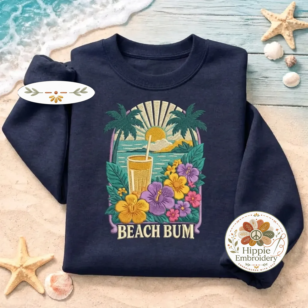 Embroidered Beach Bum Sweatshirt, Tropical Hibiscus Flower Shirt
