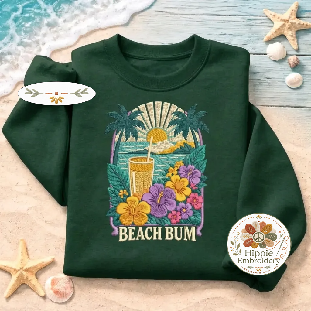 Embroidered Beach Bum Sweatshirt, Tropical Hibiscus Flower Shirt