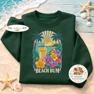 Embroidered Beach Bum Sweatshirt, Tropical Hibiscus Flower Shirt