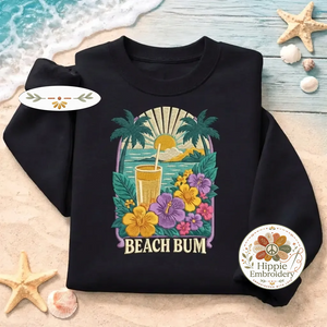 Embroidered Beach Bum Sweatshirt, Tropical Hibiscus Flower Shirt