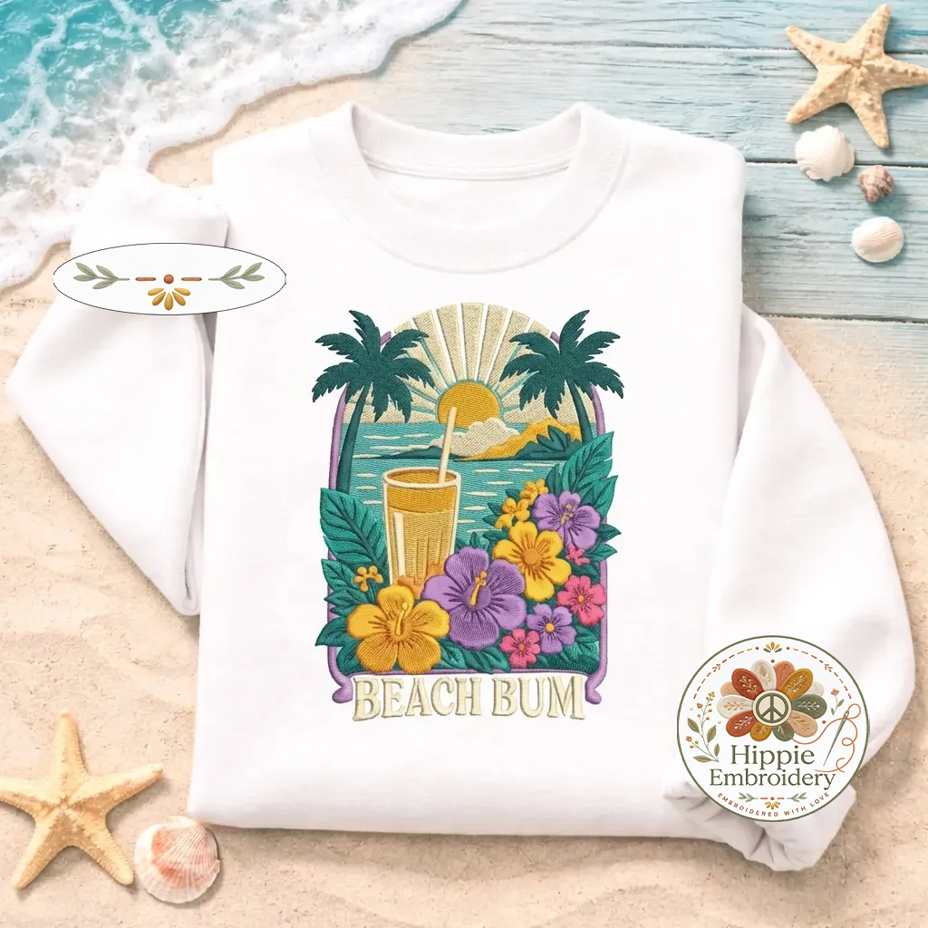 Embroidered Beach Bum Sweatshirt, Tropical Hibiscus Flower Shirt
