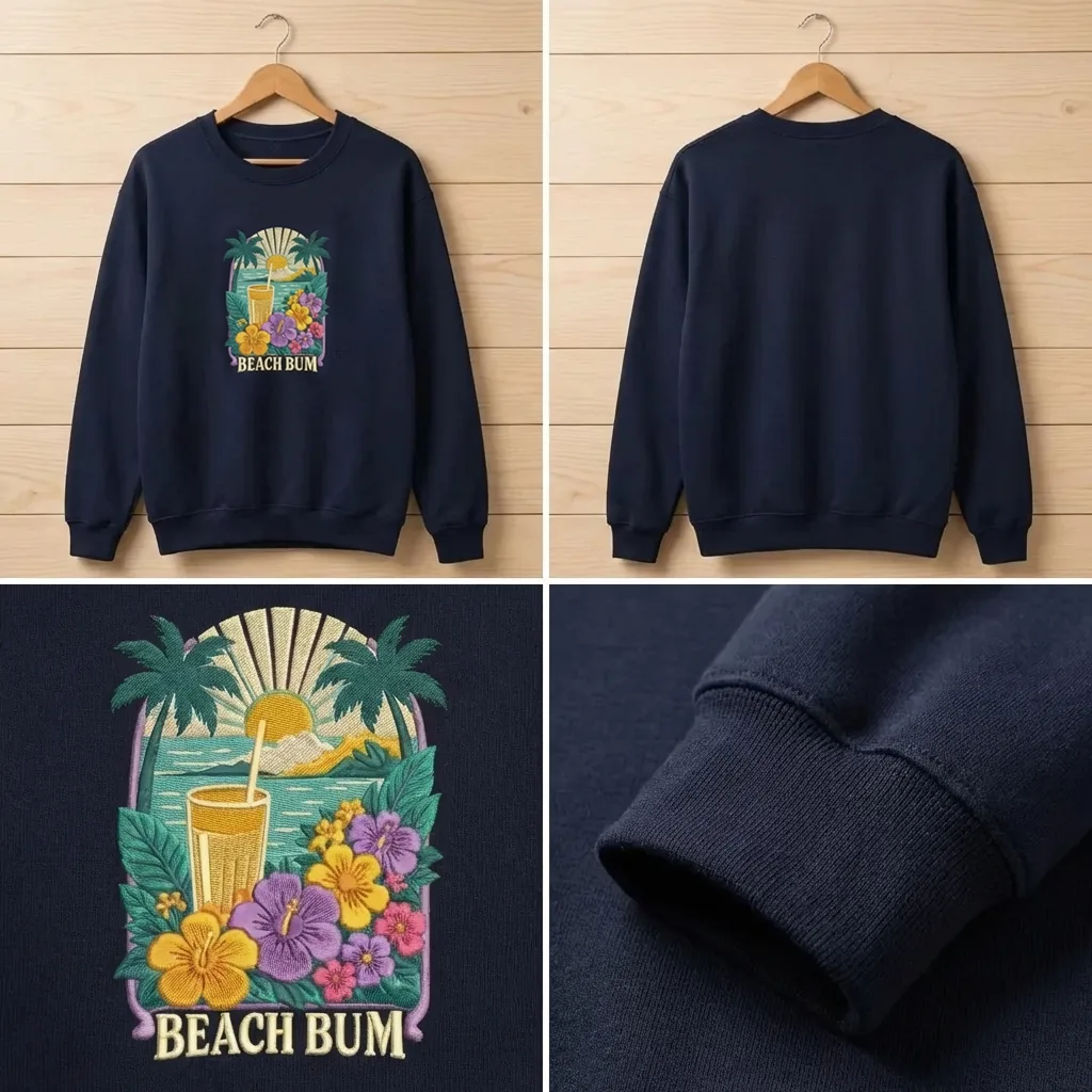 Embroidered Beach Bum Sweatshirt, Tropical Hibiscus Flower Shirt
