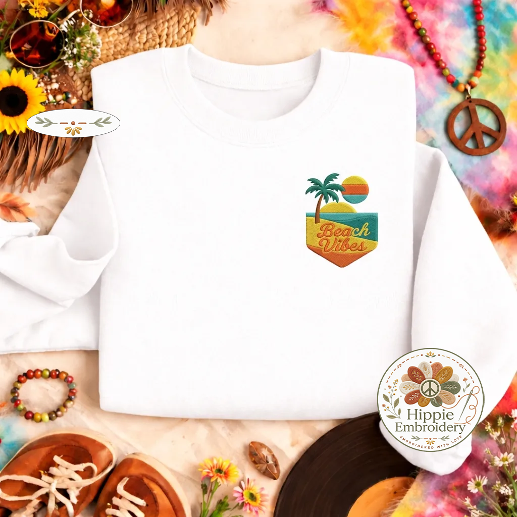 Embroidered Beach Vibes Retro Sweatshirt, Tropical Summer Top