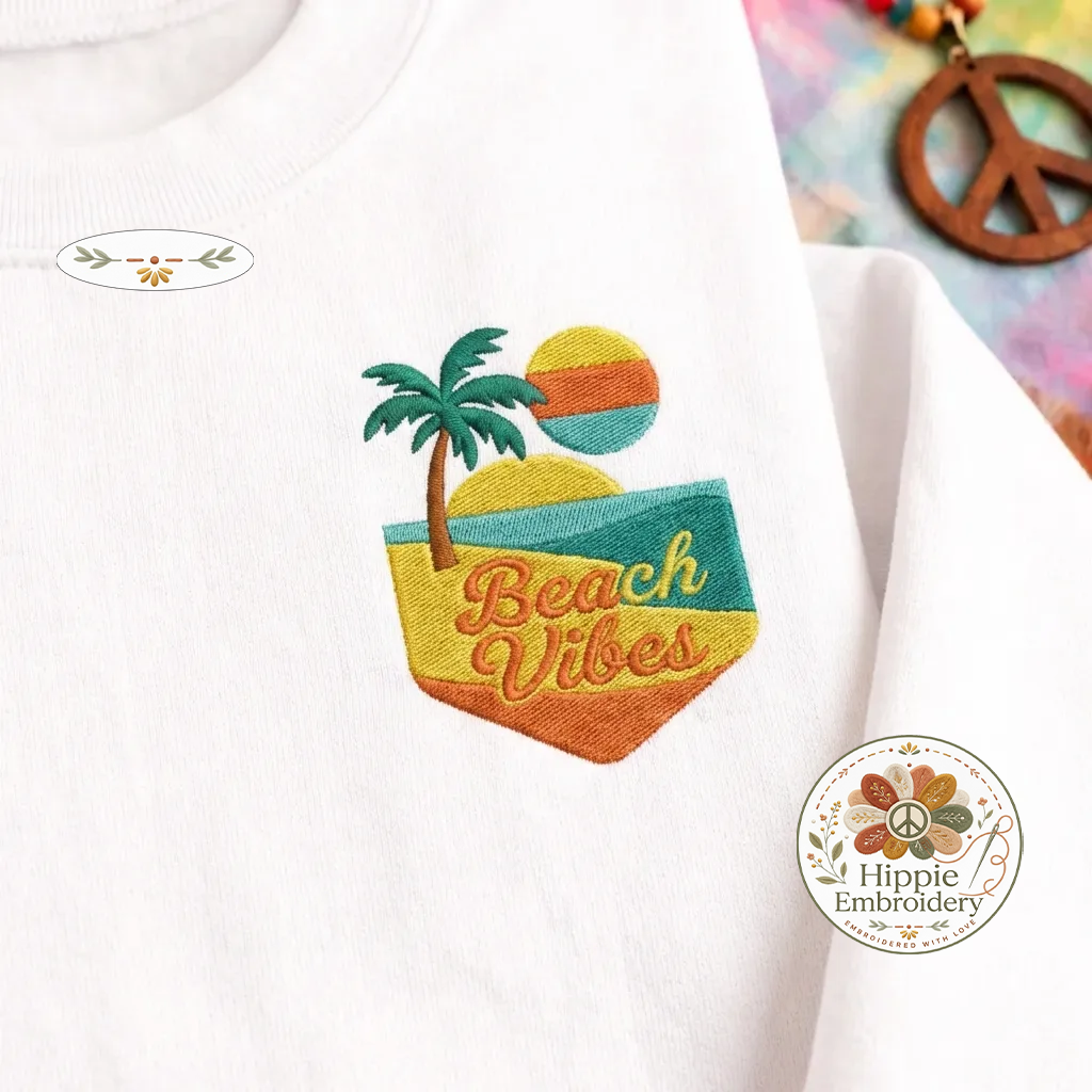 Embroidered Beach Vibes Retro Shirt, Tropical Sun Palm Tree Crewneck, Hippie Ocean Summer Sweatshirt, Boho Vacation Hoodie - 0024