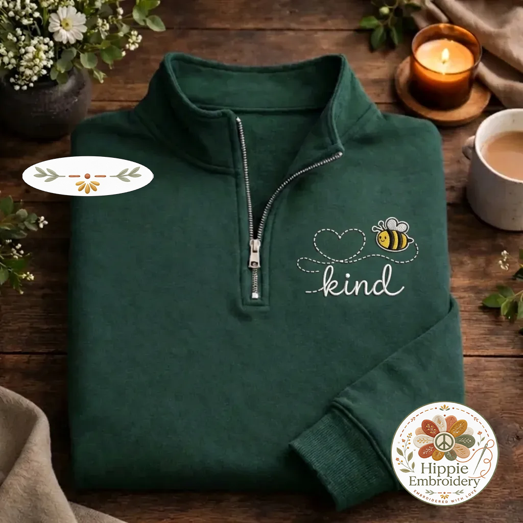 Embroidered Bee Kind Quarter Zip, Heart Honey Bee Sweatshirt