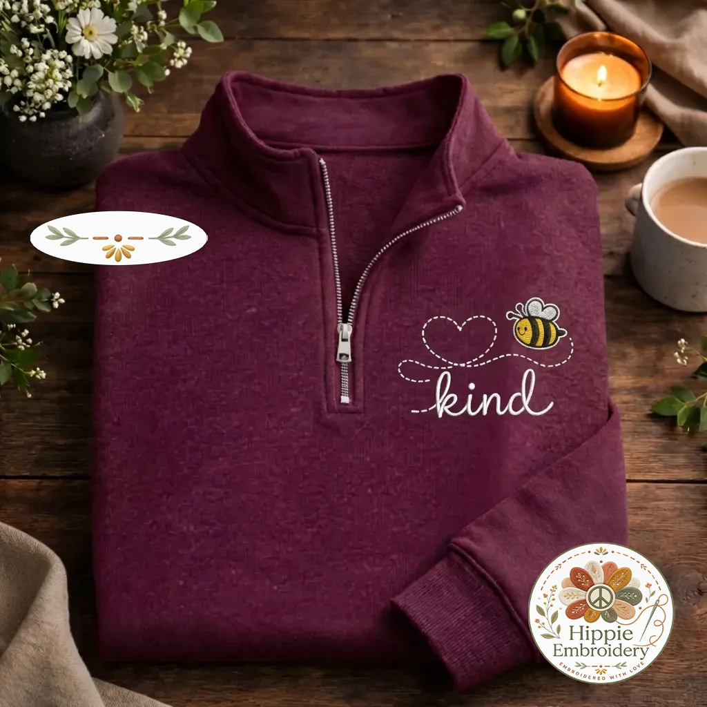 Embroidered Bee Kind Quarter Zip, Heart Honey Bee Sweatshirt