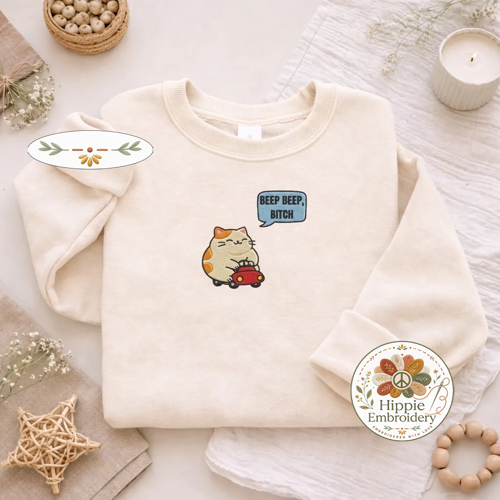 Embroidered Beep Beep Cat Sweatshirt, Funny Sarcastic Driving Shirt