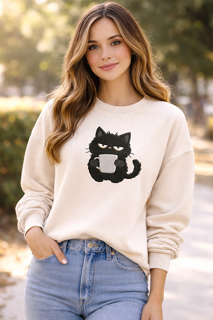 Embroidered Black Cat Coffee Sweatshirt, Funny Sarcastic Shirt