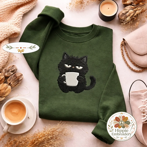 Embroidered Black Cat Coffee Sweatshirt, Funny Sarcastic Shirt