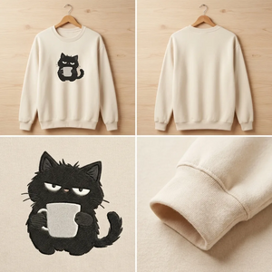Embroidered Black Cat Coffee Sweatshirt, Funny Sarcastic Shirt