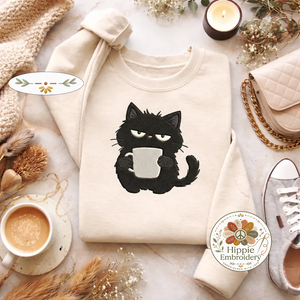 Embroidered Black Cat Coffee Sweatshirt, Funny Sarcastic Shirt