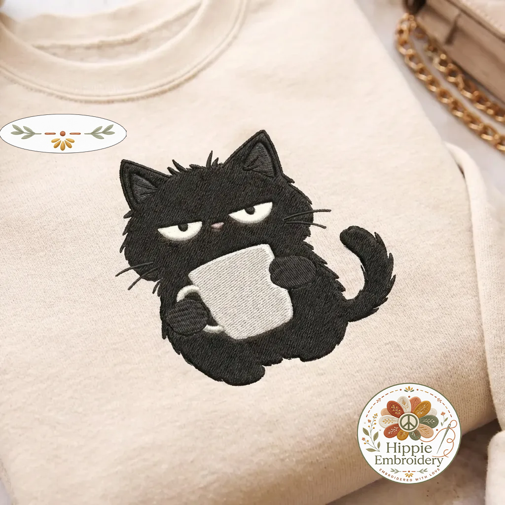 Embroidered Black Cat Coffee Sweatshirt, Funny Sarcastic Shirt