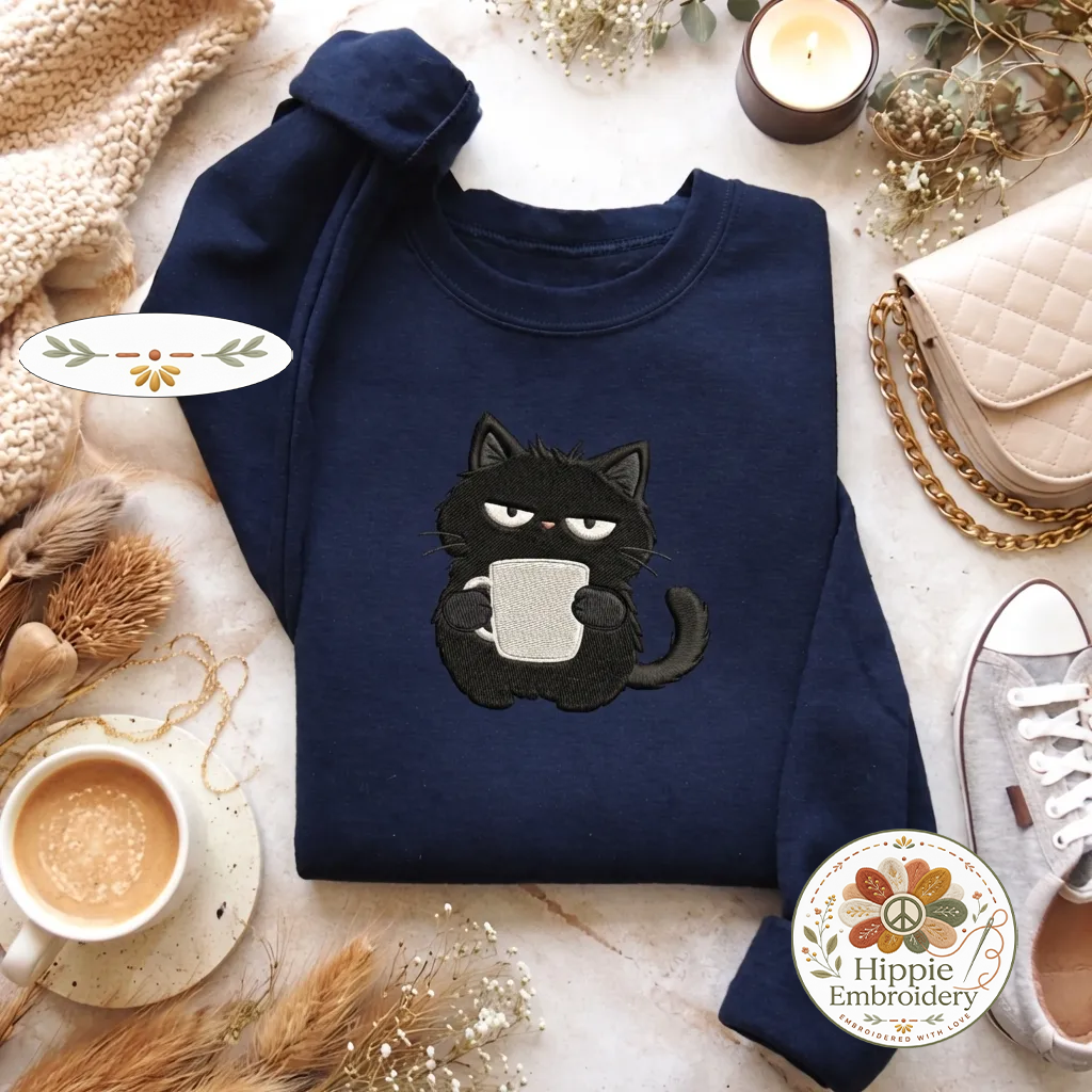 Embroidered Black Cat Coffee Sweatshirt, Funny Sarcastic Shirt