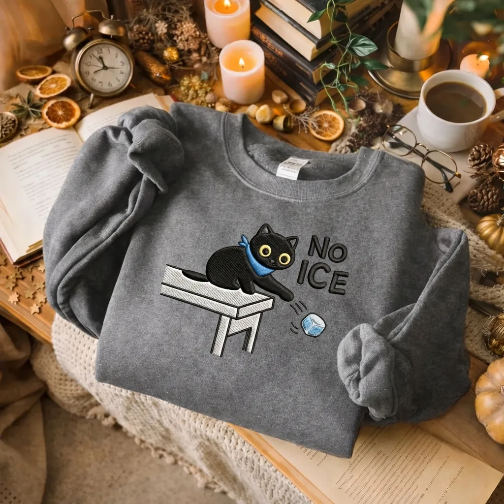 Embroidered Black Cat Pushing Ice Sweatshirt, Anti ICE Top
