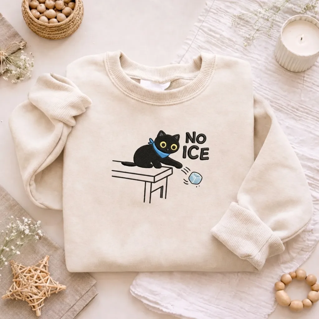Embroidered Black Cat Pushing Ice Sweatshirt, Anti ICE Top