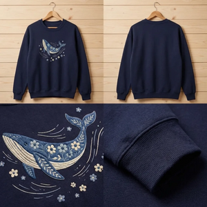 Embroidered Blue Whale Sweatshirt, Floral Marine Life Ocean Crewneck