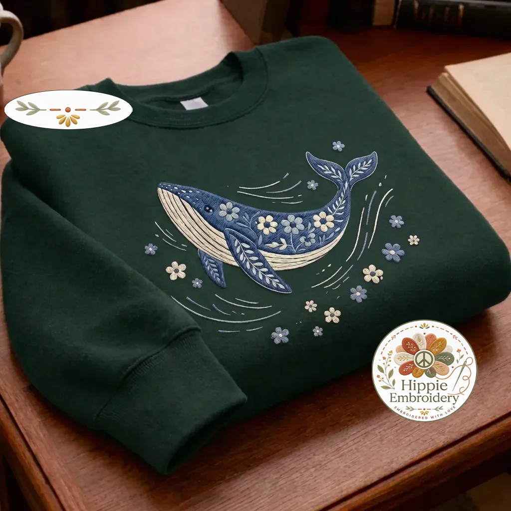 Embroidered Blue Whale Sweatshirt, Floral Marine Life Ocean Crewneck
