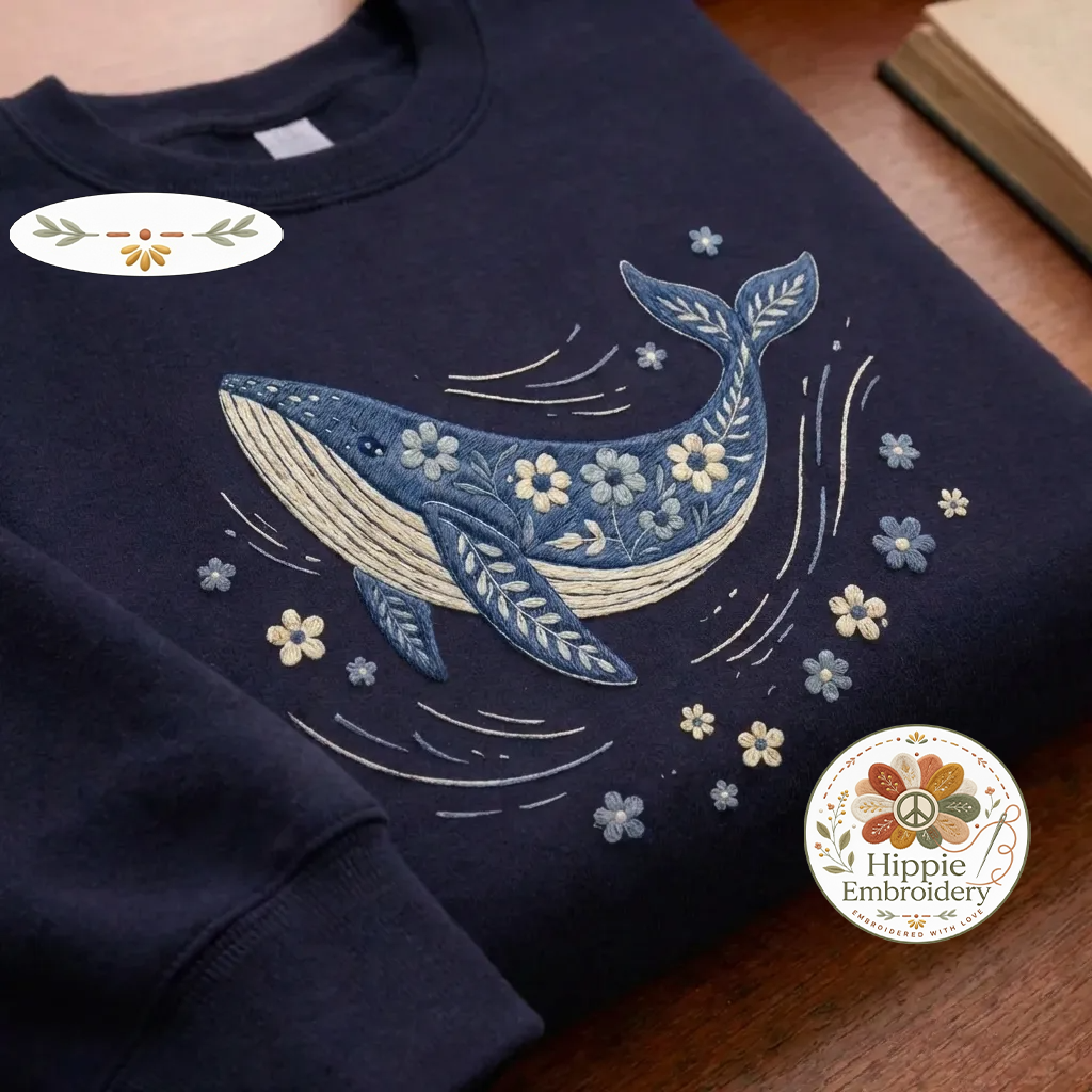 Embroidered Blue Whale Sweatshirt, Floral Marine Life Ocean Crewneck