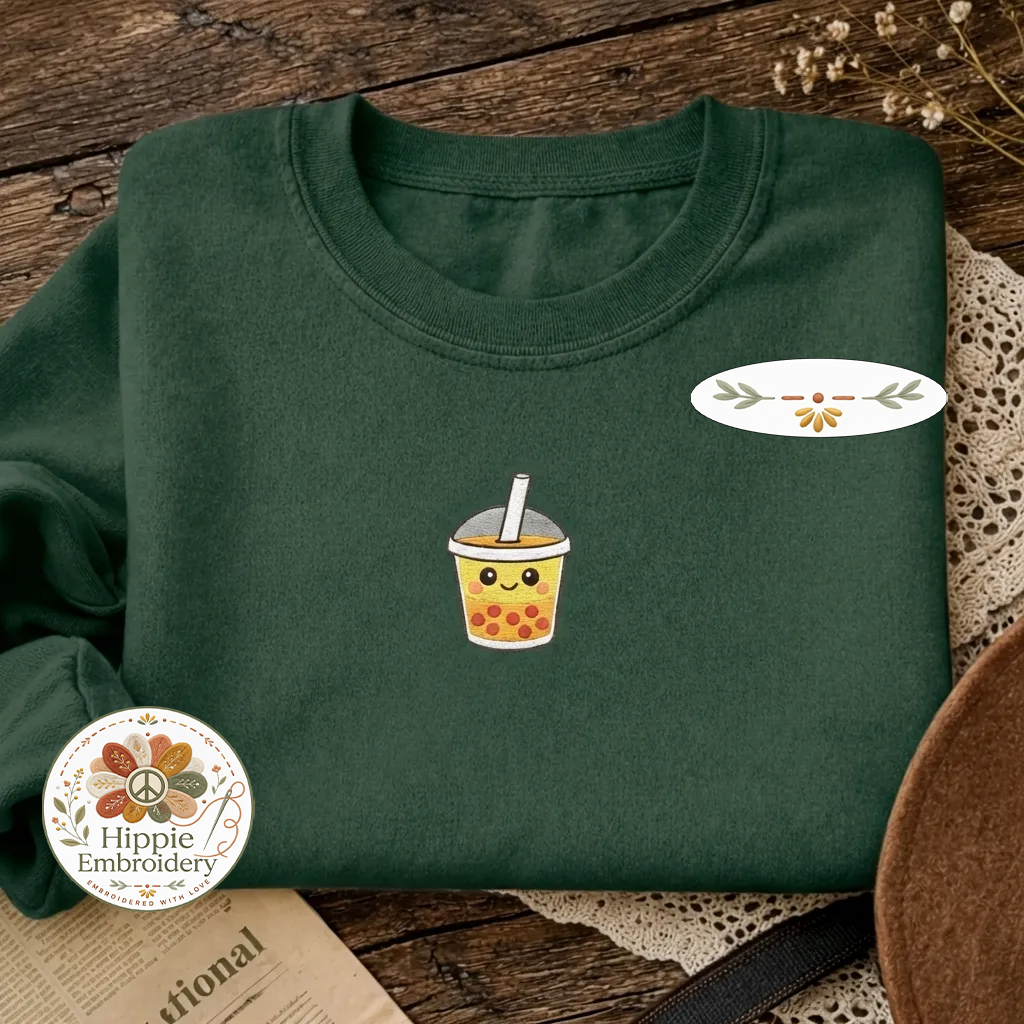 Embroidered Boba Tea Faux Pocket Sweatshirt, Kawaii Milk Tea Shirt