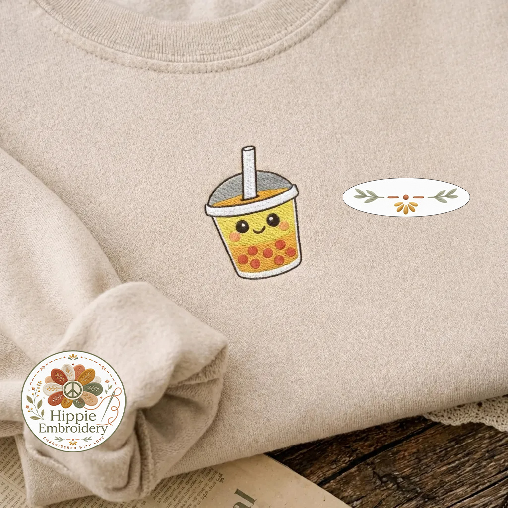 Embroidered Boba Tea Faux Pocket Sweatshirt, Kawaii Milk Tea Shirt