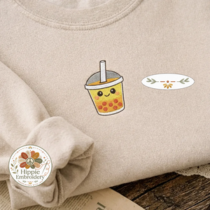 Embroidered Boba Tea Faux Pocket Sweatshirt, Kawaii Milk Tea Shirt