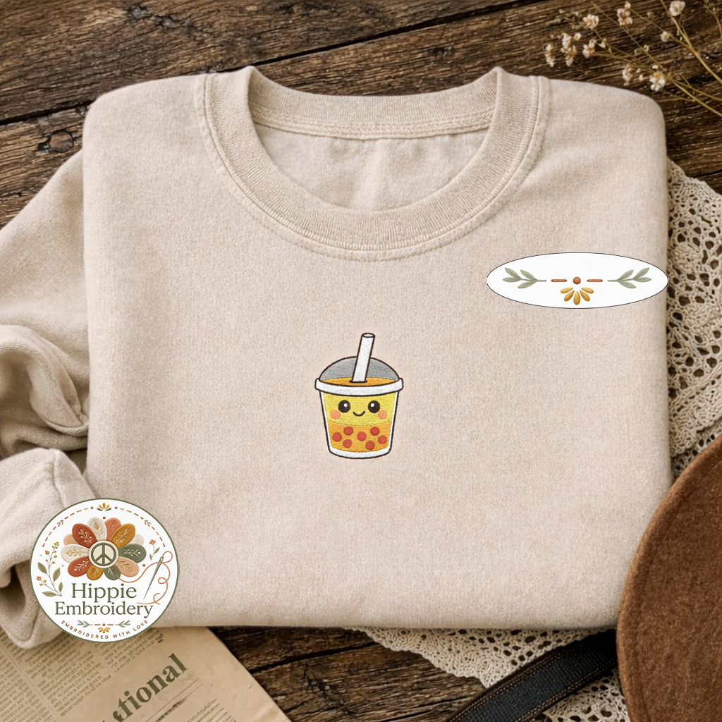 Embroidered Boba Tea Faux Pocket Sweatshirt, Kawaii Milk Tea Shirt