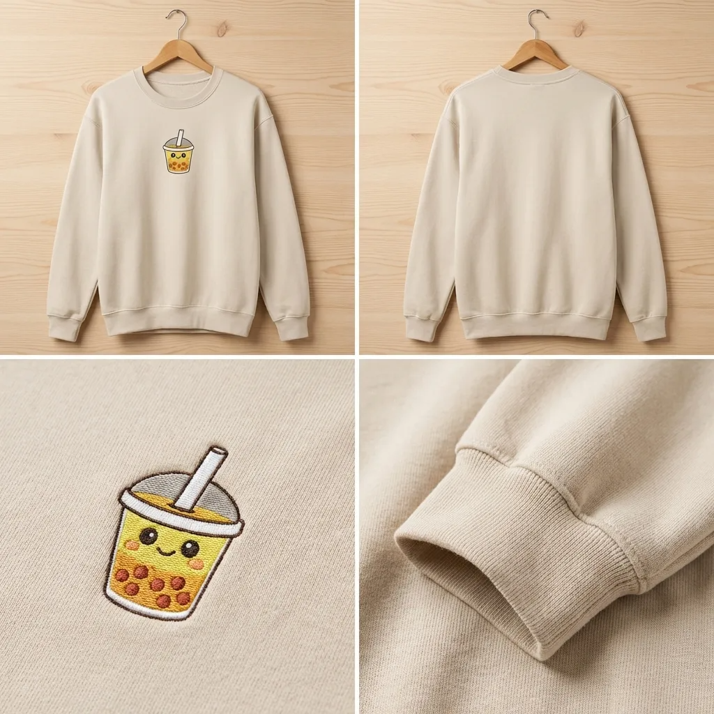 Embroidered Boba Tea Faux Pocket Sweatshirt, Kawaii Milk Tea Shirt