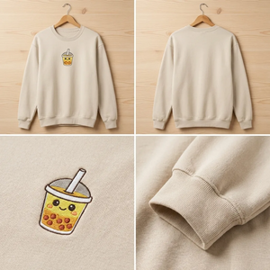 Embroidered Boba Tea Faux Pocket Sweatshirt, Kawaii Milk Tea Shirt