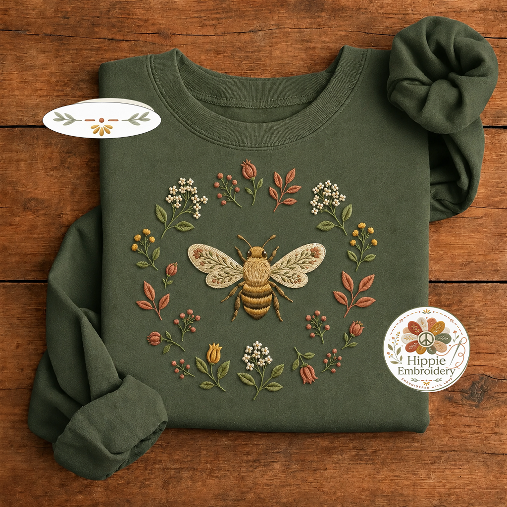Embroidered Boho Floral Bee Sweatshirt, Botanical Wildflower Crew