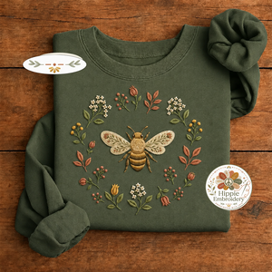 Embroidered Boho Floral Bee Sweatshirt, Botanical Wildflower Crew