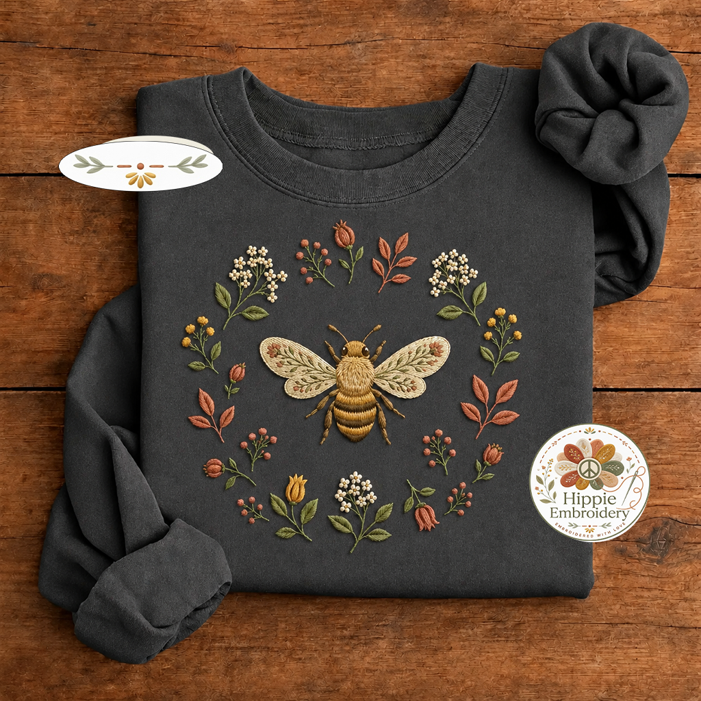 Embroidered Boho Floral Bee Sweatshirt, Botanical Wildflower Crew