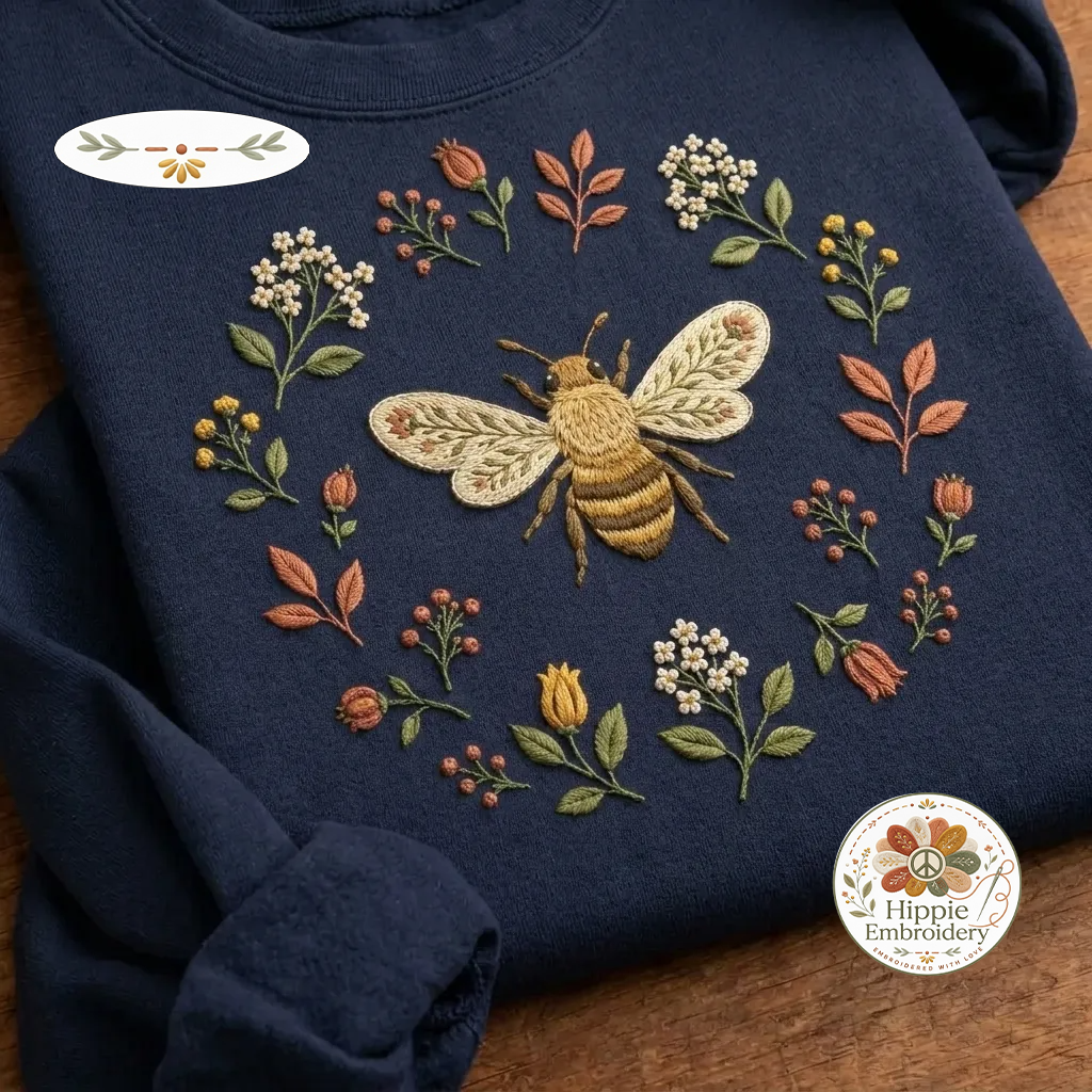 Embroidered Boho Floral Bee Sweatshirt, Botanical Wildflower Crew