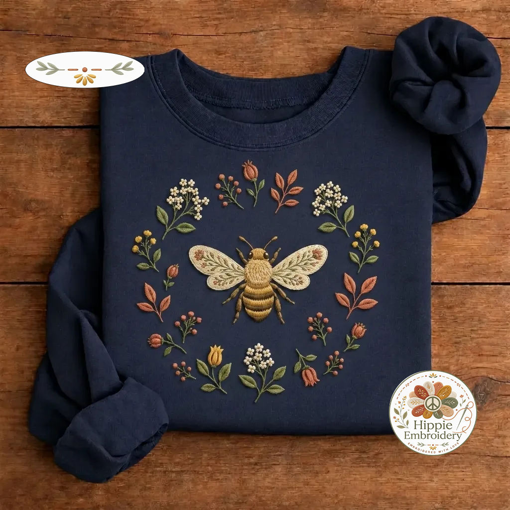 Embroidered Boho Floral Bee Sweatshirt, Botanical Wildflower Crew