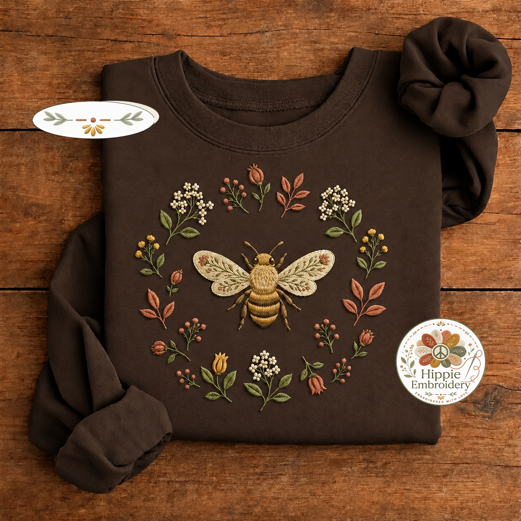 Embroidered Boho Floral Bee Sweatshirt, Botanical Wildflower Crew