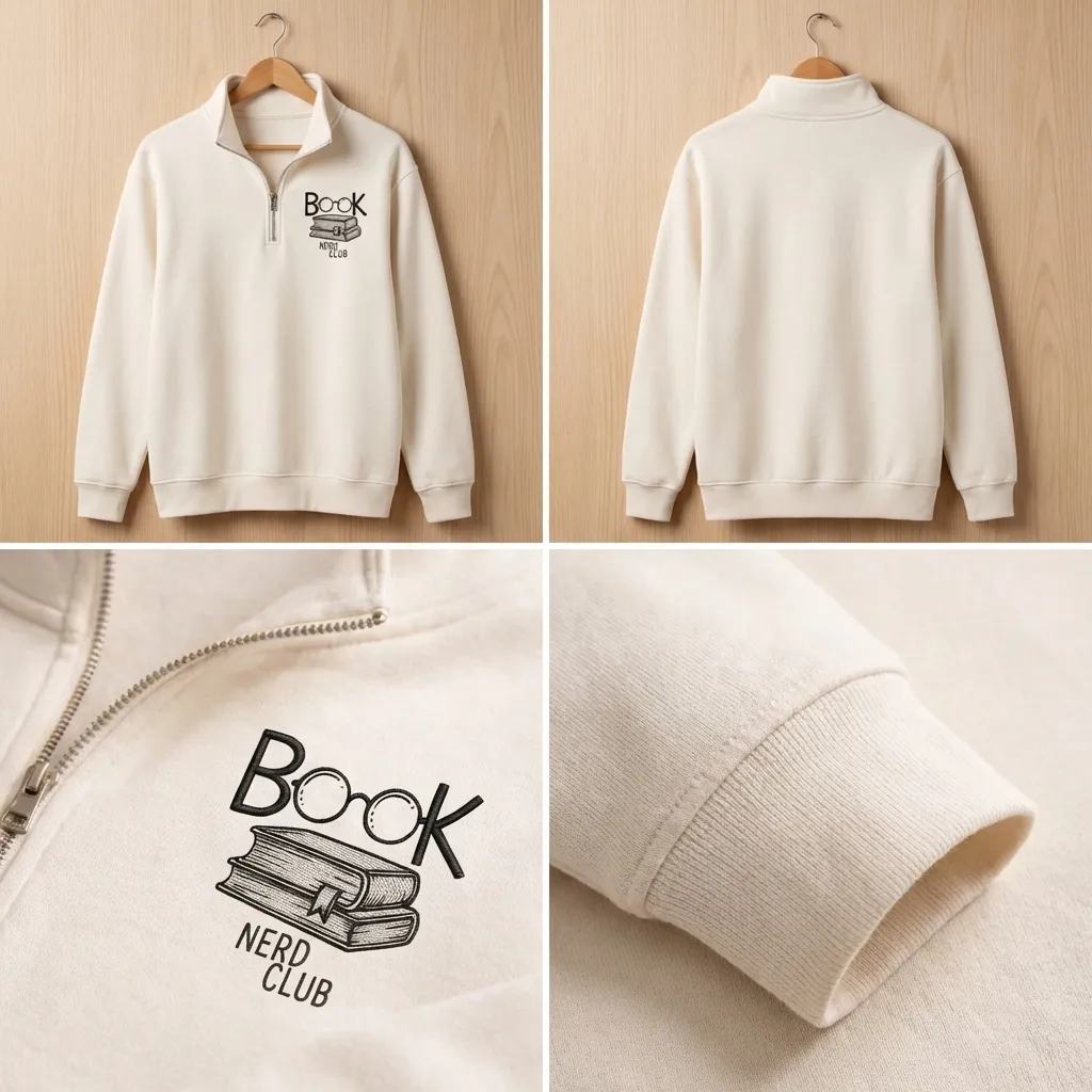 Embroidered Book Nerd Club Quarter Zip, Minimalist Book Sweatshirt