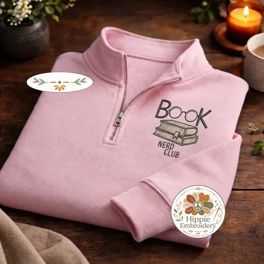 Embroidered Book Nerd Club Quarter Zip, Minimalist Book Sweatshirt